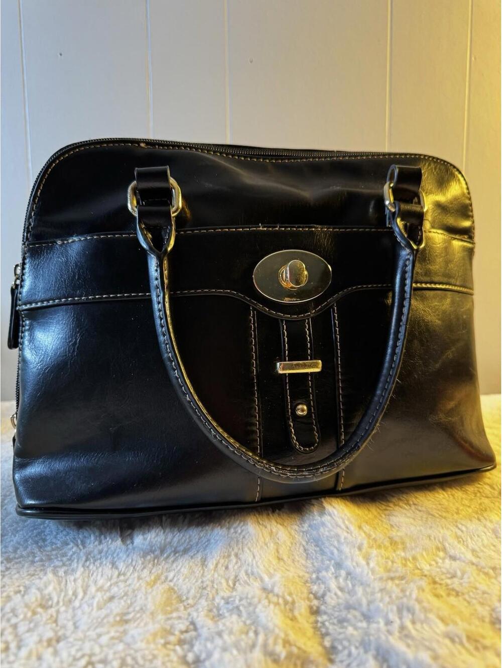 Giani Bernini Black Satchel Crossbody Black Glazed Leather Organizer Double Zip